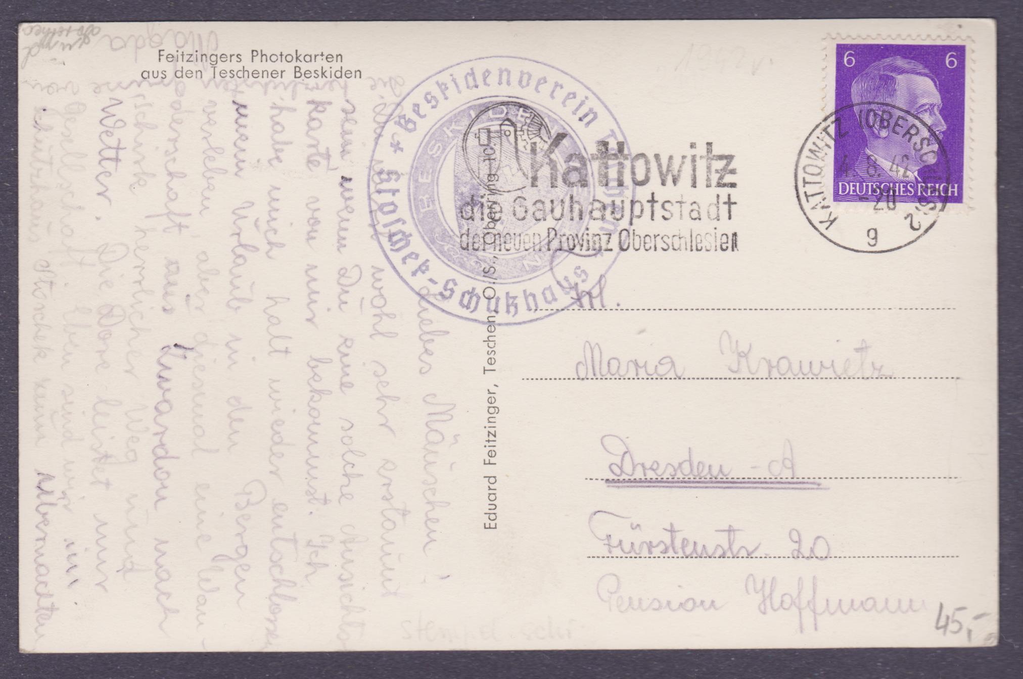 Kubalonka i stempel schroniska Beskidenverein Stoschek 1942