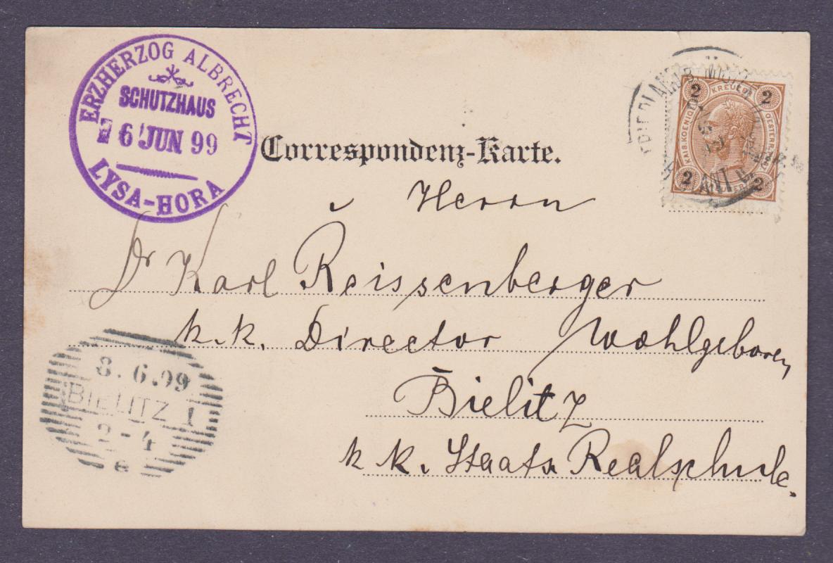 Łysa - rewers pocztówki z roku 1899